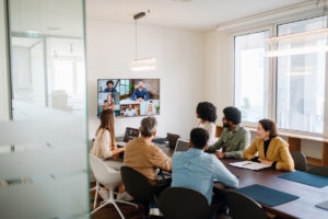 In a well-lit meeting room